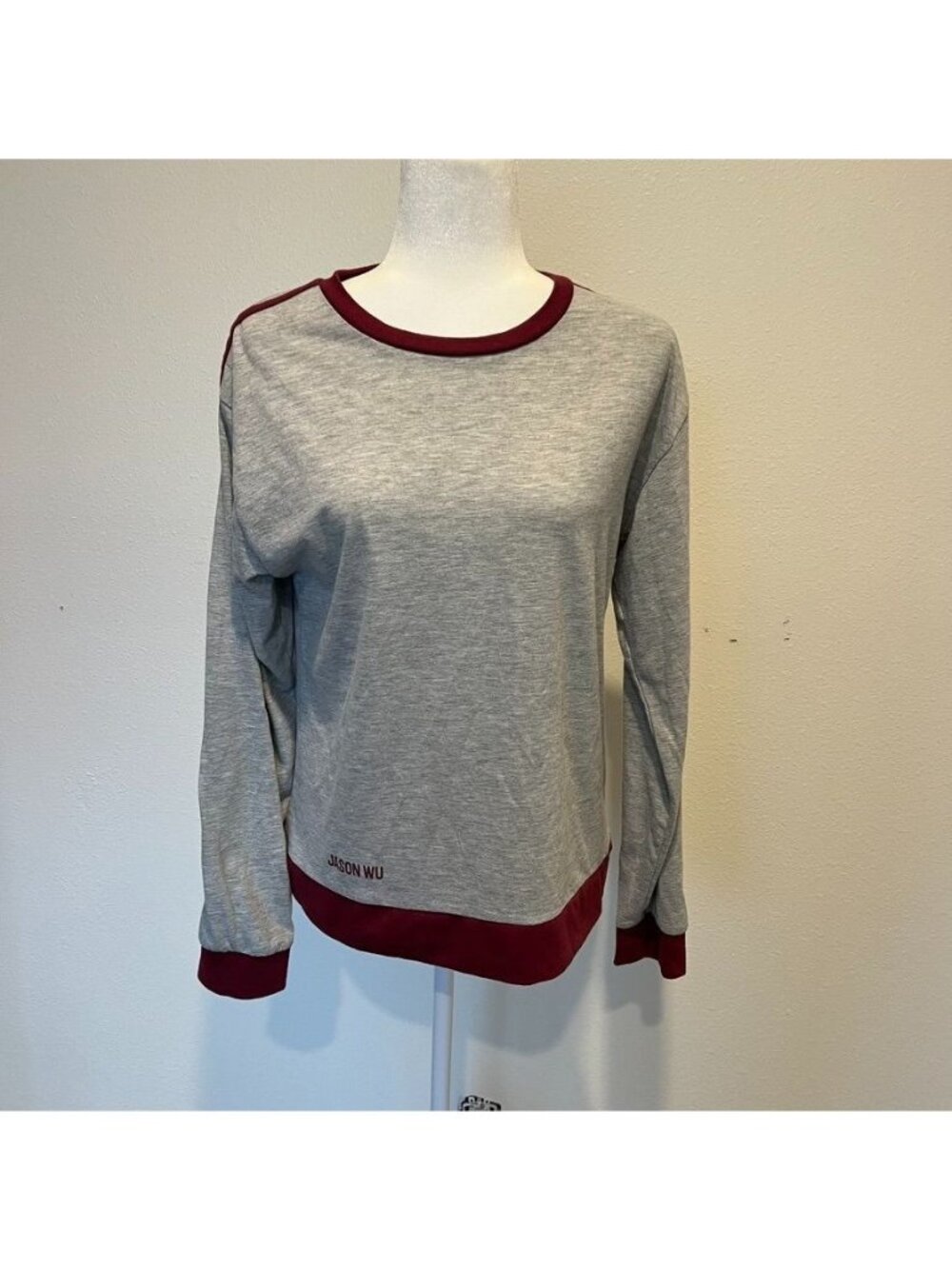 Jason Wu Eva Air Gray Maroon Trim Cotton Blend Long Sleeve Top Size Medium